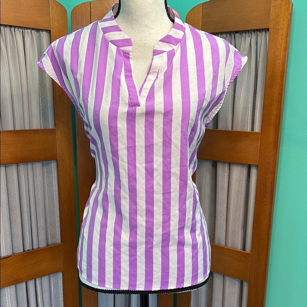 SHEIN Cap Sleeve Blouse in White and Purple stripes